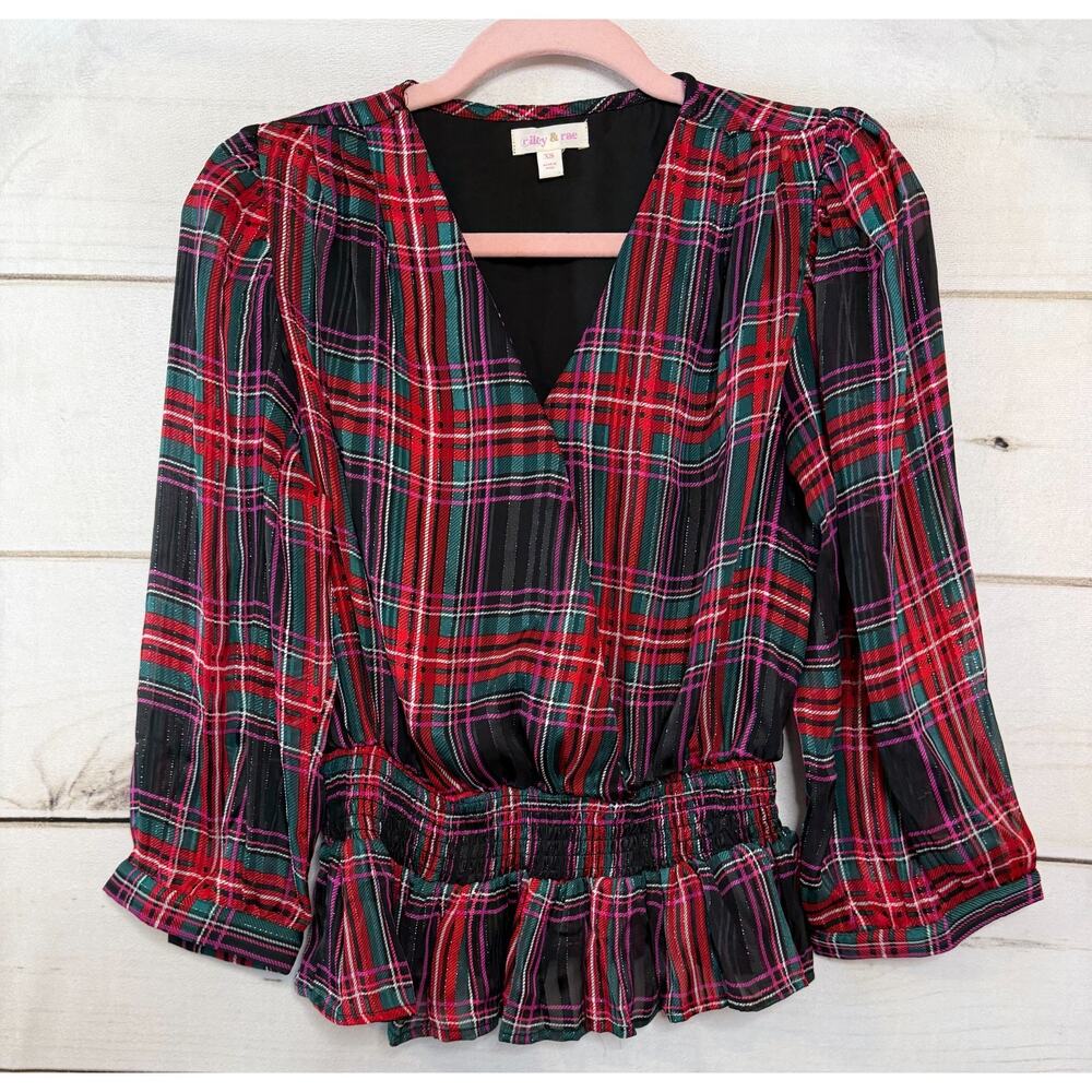 Riley‎ & Rae Sz XS Blouse Plaid Holiday Party Rouched Ruffled